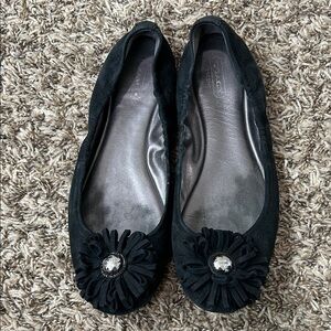 Coach Ariza Black Nubuck Leather Flower Medallion Ballet Flats Shoes Sz 9.5